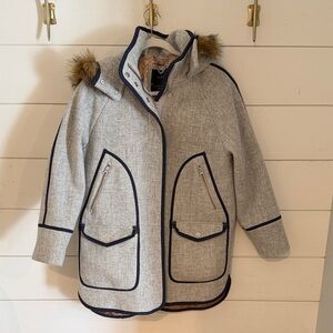 J. Crew Light Gray Peacoat with Navy Trim and Faux Fur Hood